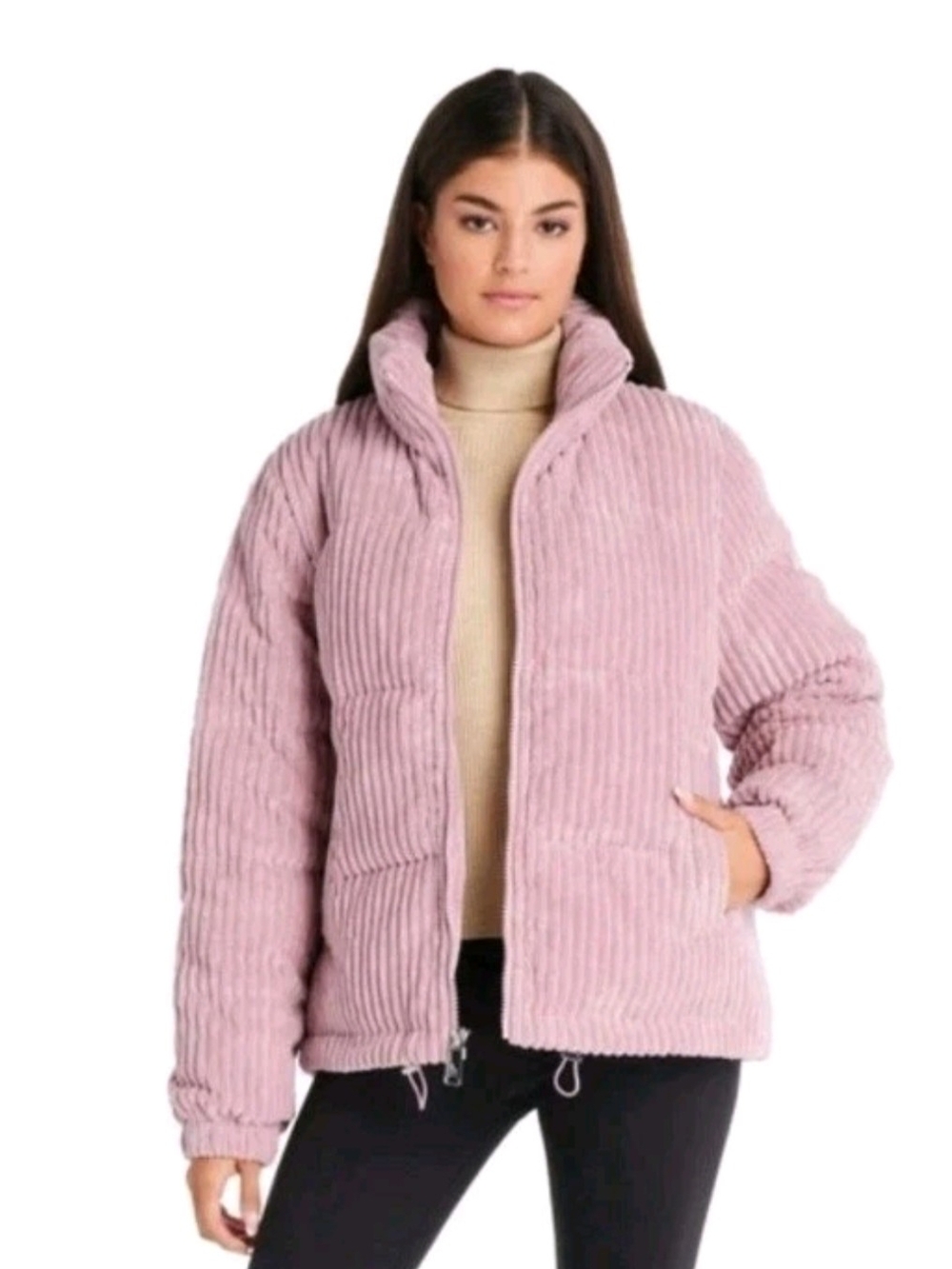 Women's Plush Ribbed Puffer Jacket in Dusty Pink